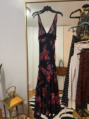 Black Maxi Dress with Red & Pink Floral Print